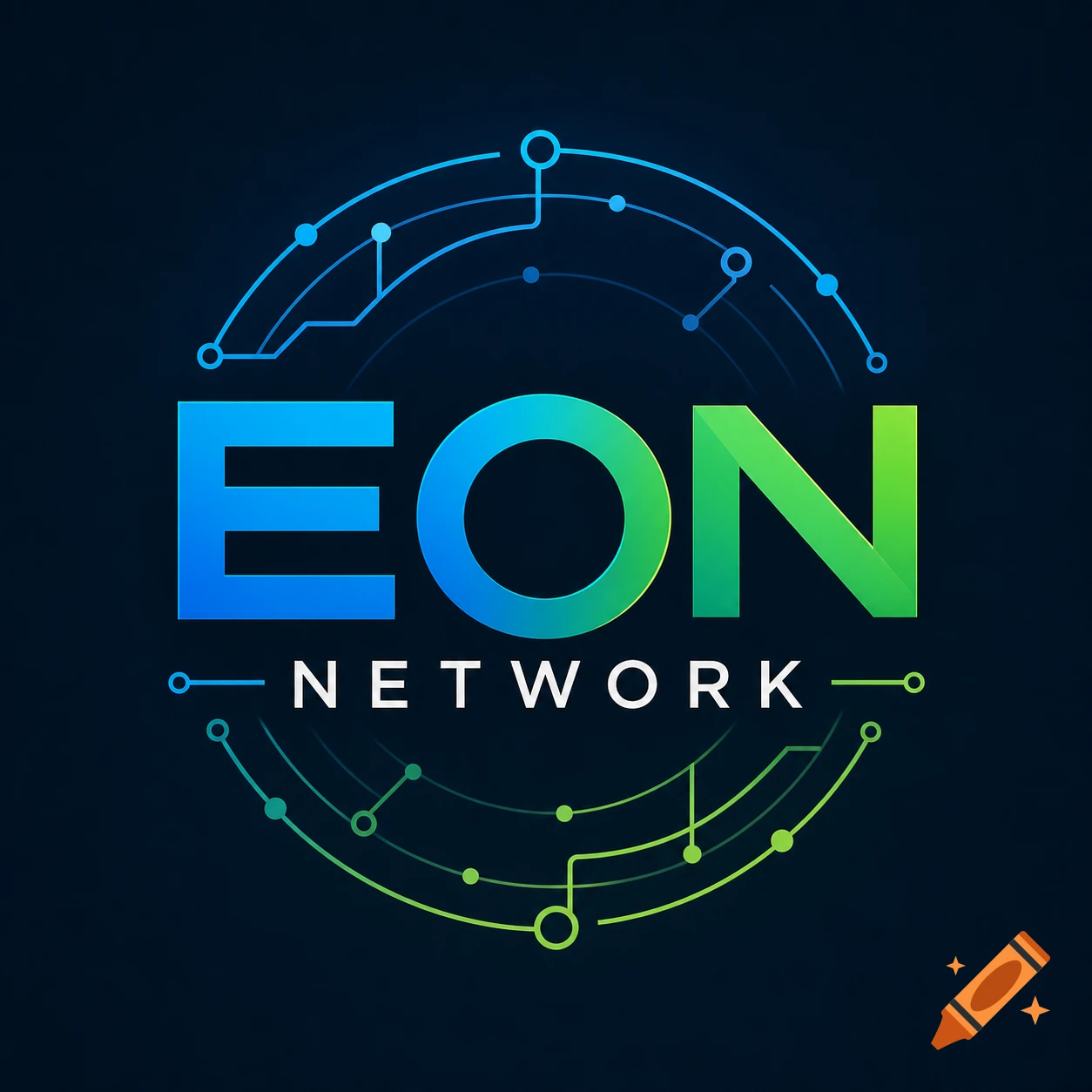 Blue and green EON NETWORK logo with abstract circuit lines on a dark background.
