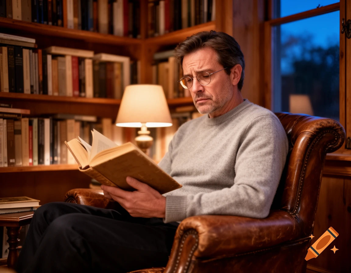 A man with glasses sits in a leather armchair in a wood-paneled room, illuminated by a lamp, reading an old book from a bookshelf-lined wall.