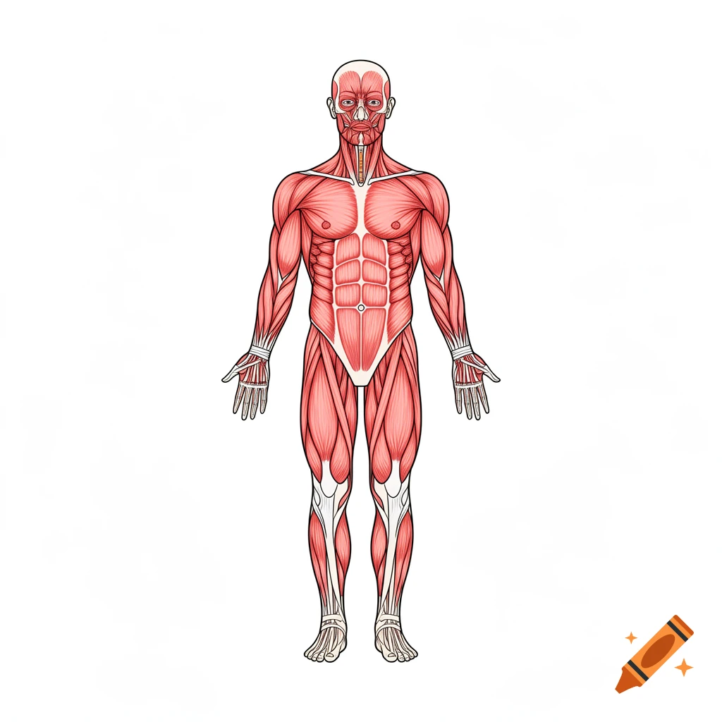 A detailed illustration of the full human muscular system, viewed from the front, against a white background.