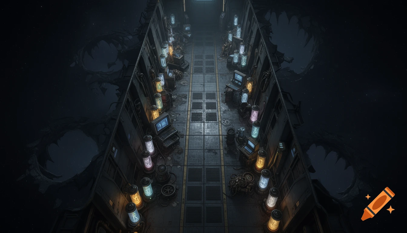 Top-down view of a dark, damaged spaceship corridor lined with glowing specimen tubes and old computers, with dark cosmic void visible through hull damage.