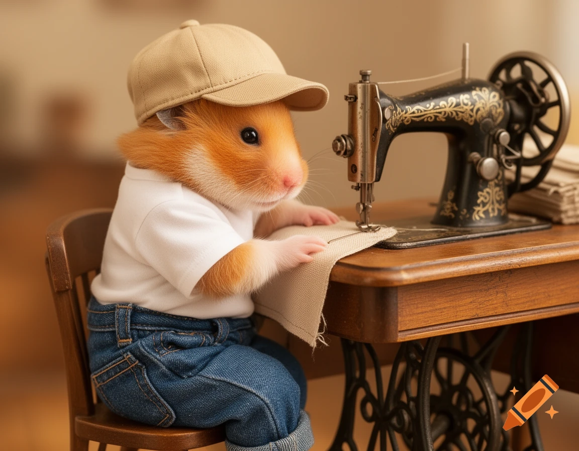 A photorealistic hamster wearing jeans, a t-shirt, and a cap, intently sewing fabric at an antique sewing machine.