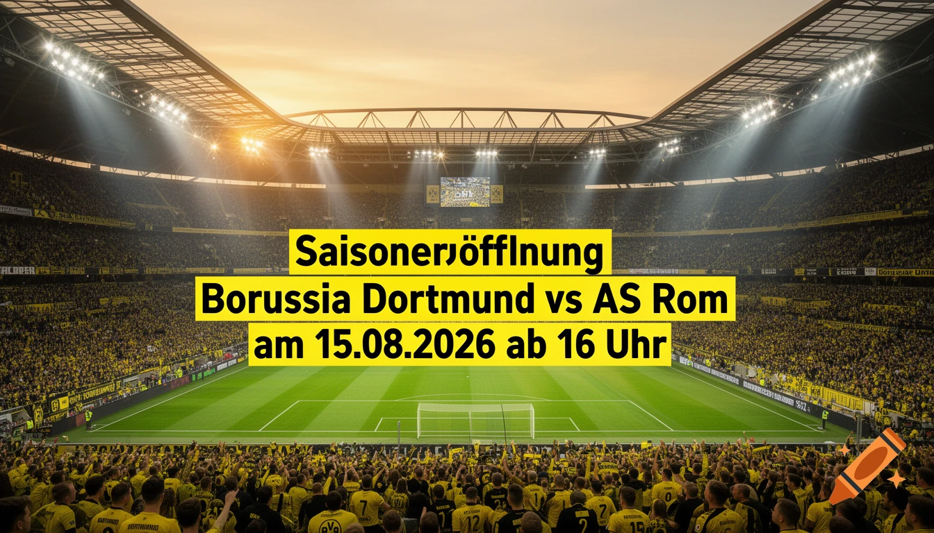 A photorealistic image of a packed football stadium at sunset with a yellow banner announcing a match between Borussia Dortmund and AS Rom.