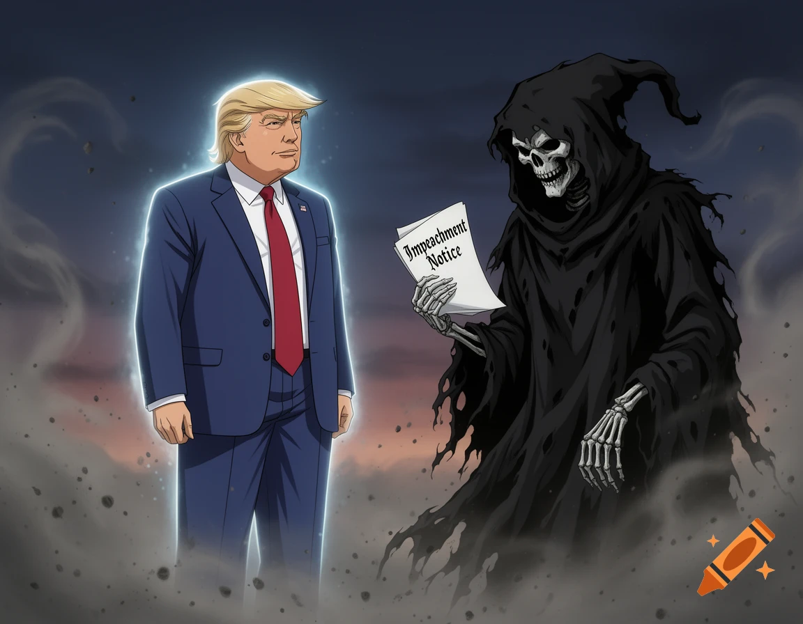 An anime-style illustration of Donald Trump glowing blue, standing opposite the Grim Reaper holding an 'Impeachment Notice' in a smoky, dusty setting.