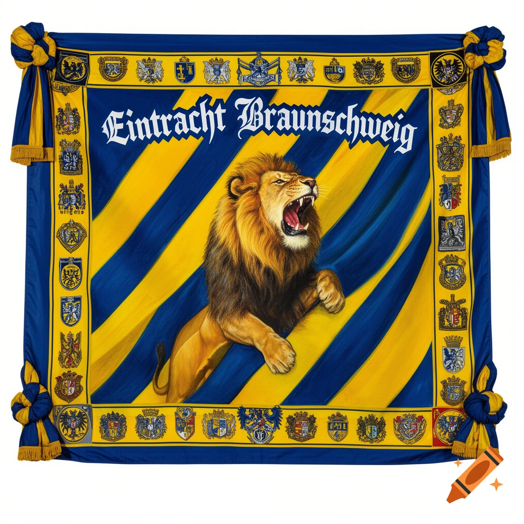 A blue and yellow striped banner with a roaring lion, framed by coats of arms, bearing the text "Eintracht Braunschweig".
