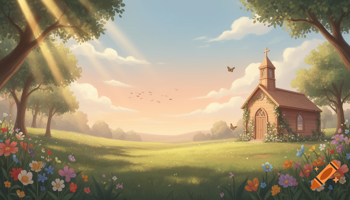 Whimsical illustration of a small wooden church in a sunny meadow with colorful wildflowers, trees, and butterflies under a blue sky.