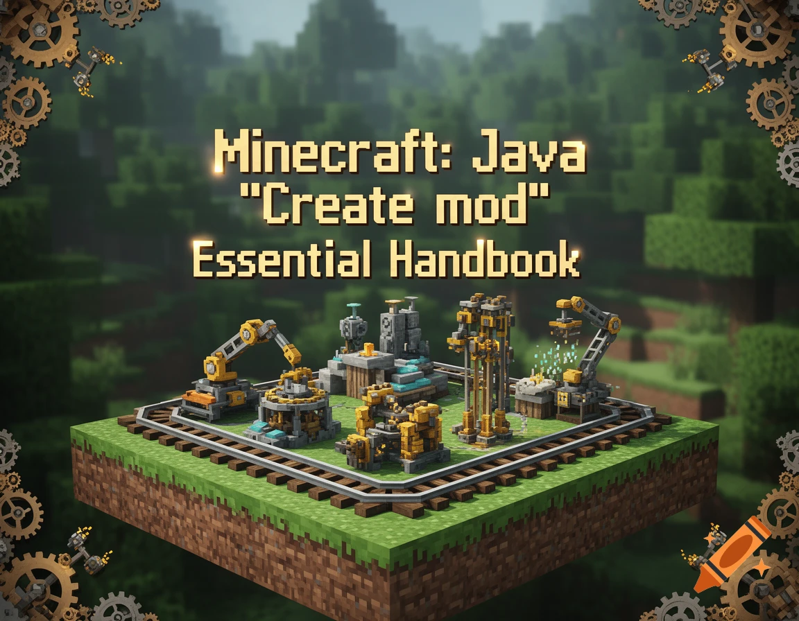Minecraft-style floating island with modular machinery and tracks, framed by gears. Text: Minecraft: Java 'Create mod' Essential Handbook.
