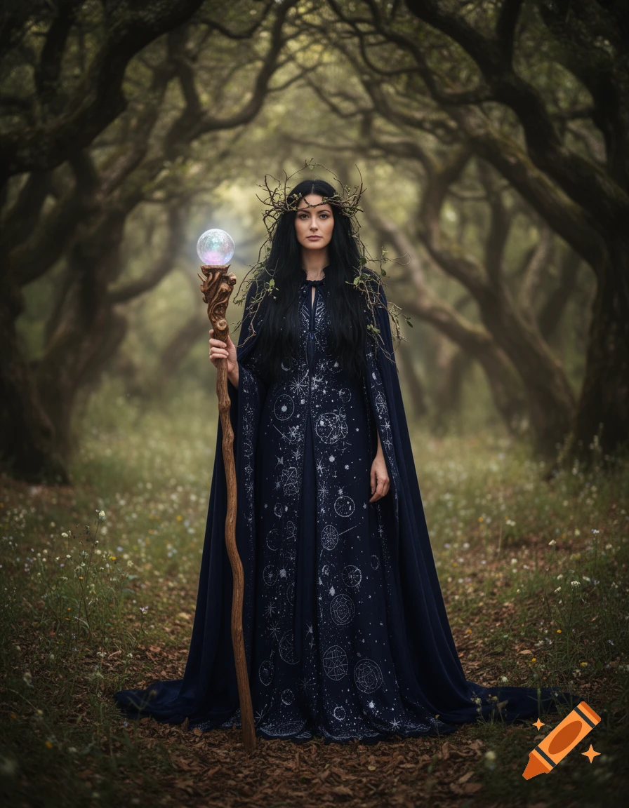 A photorealistic image of a witch in a dark, celestial patterned dress, wearing a twig crown and holding a glowing staff, standing in a mystical forest.