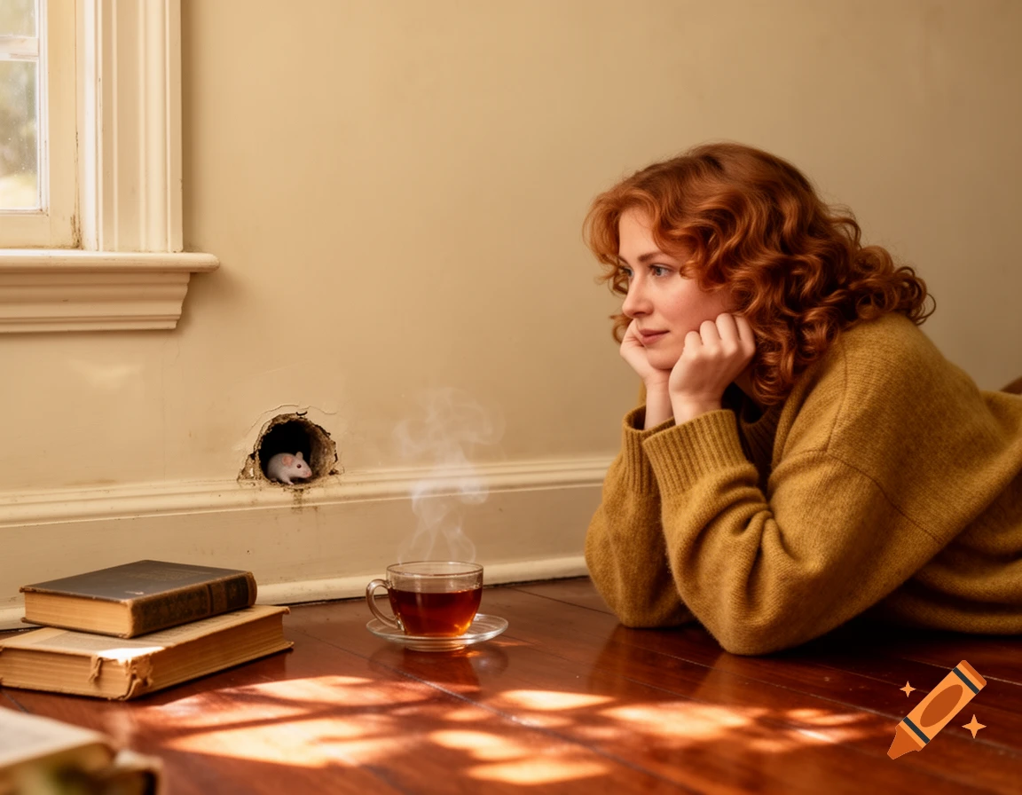 A woman with red curly hair lies on a wooden floor, propping her head on her hands, watching a small white mouse peeking from a hole in the wall. A steaming cup of tea and books are nearby.
