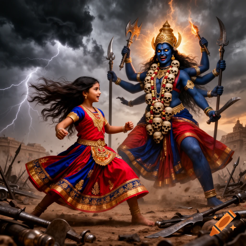 Young Indian girl and multi-armed, blue-skinned Mahakali ready for battle under a stormy, lightning sky.