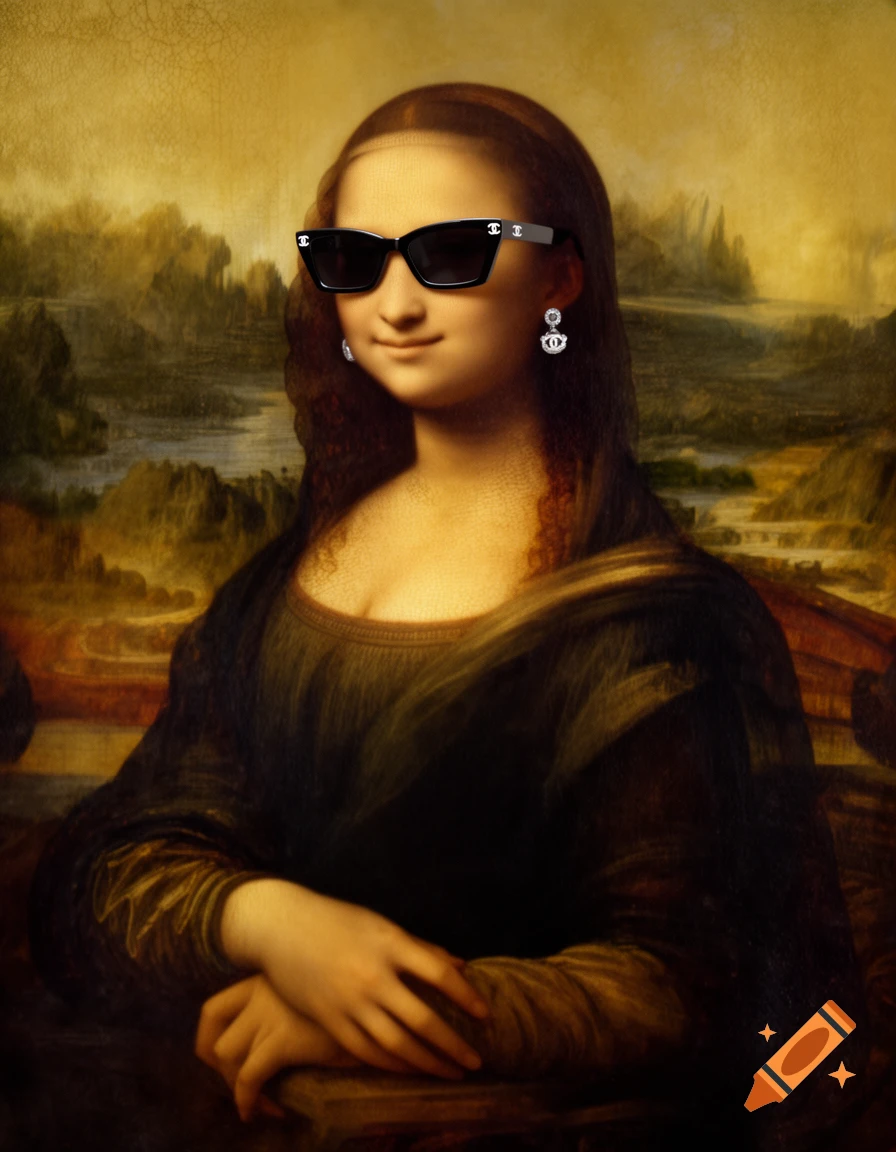 Mona Lisa in black Chanel sunglasses and diamond earrings, depicted in an oil painting style.