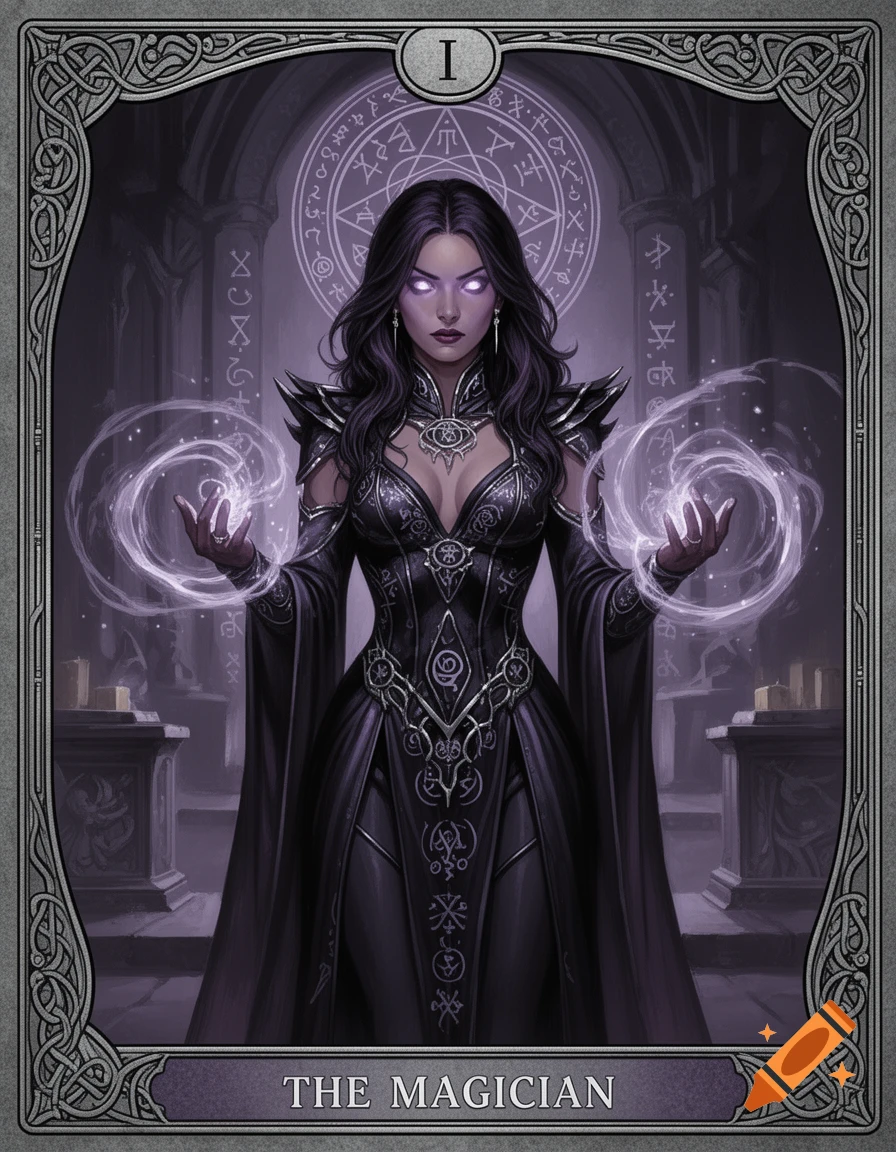 A powerful sorceress with glowing eyes and dark attire casts a spell in a mystical chamber, framed as a dark fantasy tarot card titled 'THE MAGICIAN'.