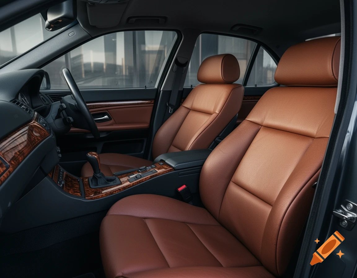 Photorealistic interior of a luxury car with brown leather seats, wood grain dashboard, and center console.