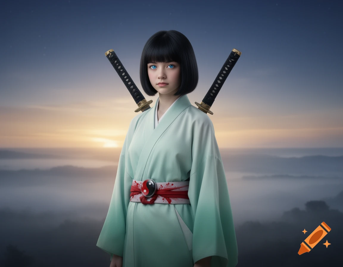 A young woman with short dark hair and glowing blue eyes stands with two katanas on her back, wearing a light mint kimono with a red obi featuring a yin-yang symbol, against a sunrise sky over misty mountains.