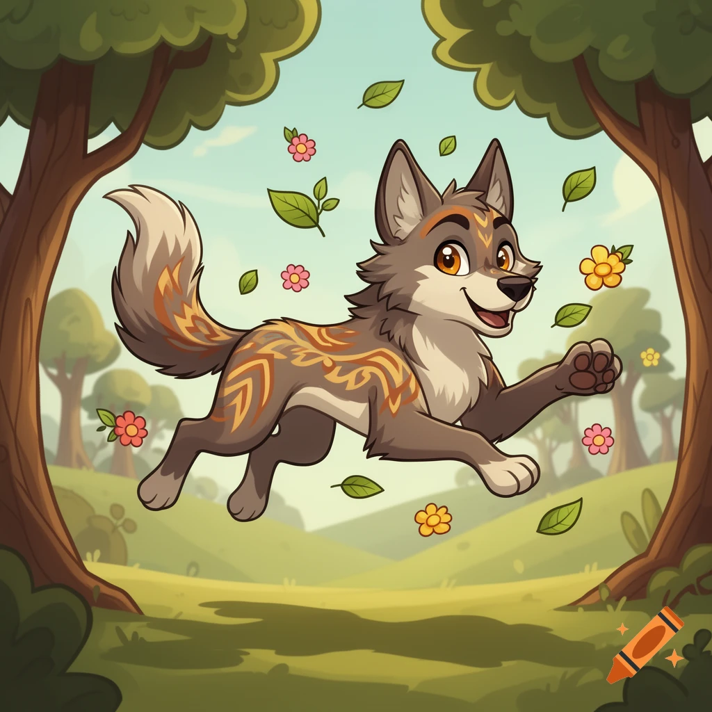 A happy cartoon wolf with tribal patterns on its fur leaps in a green forest with falling leaves and flowers in the Animal Jam art style.