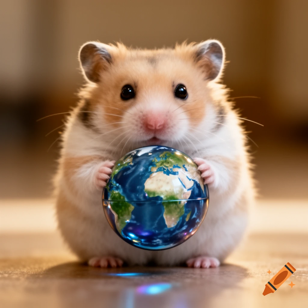 A cute fluffy dwarf hamster sits upright, holding a shiny globe of Earth between its paws, against a blurred background.
