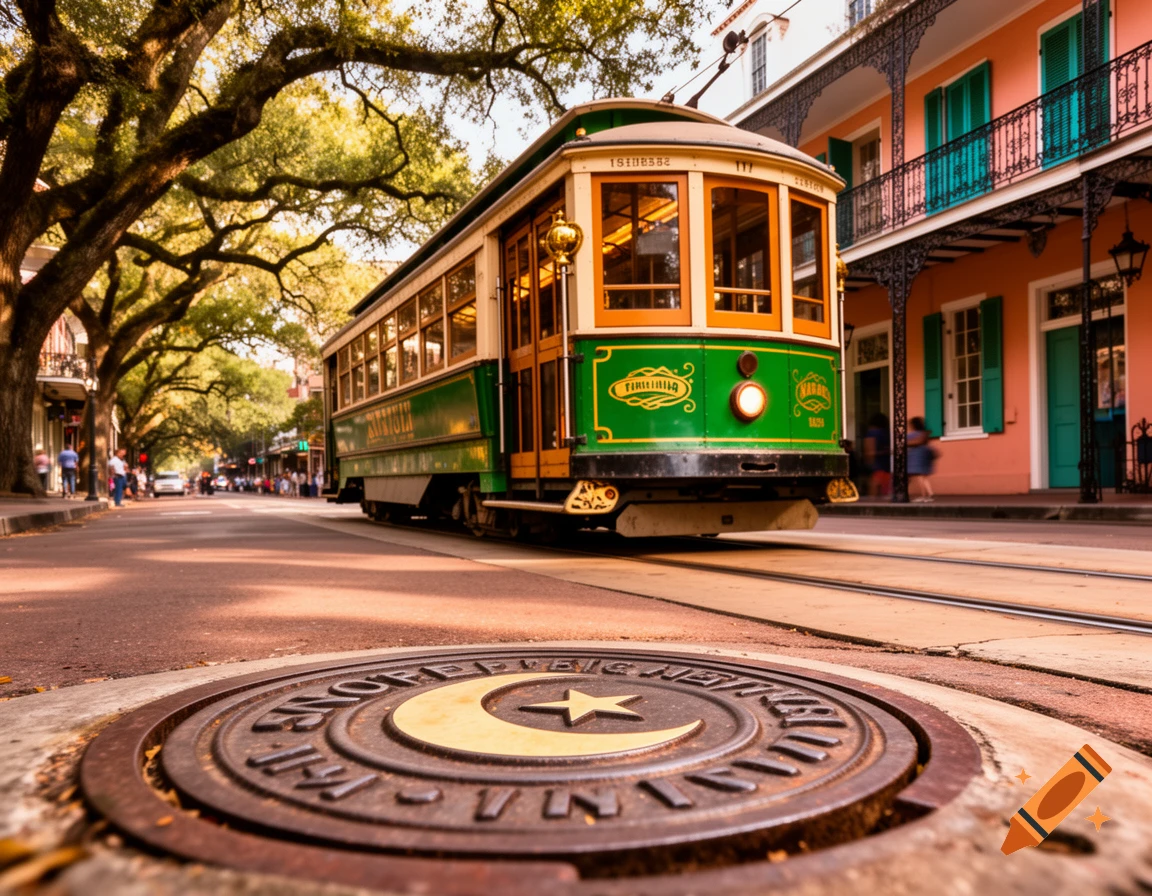 A green and cream New Orleans streetcar travels down an oak-lined street with historic buildings. A manhole cover with a crescent moon and star is in the foreground.