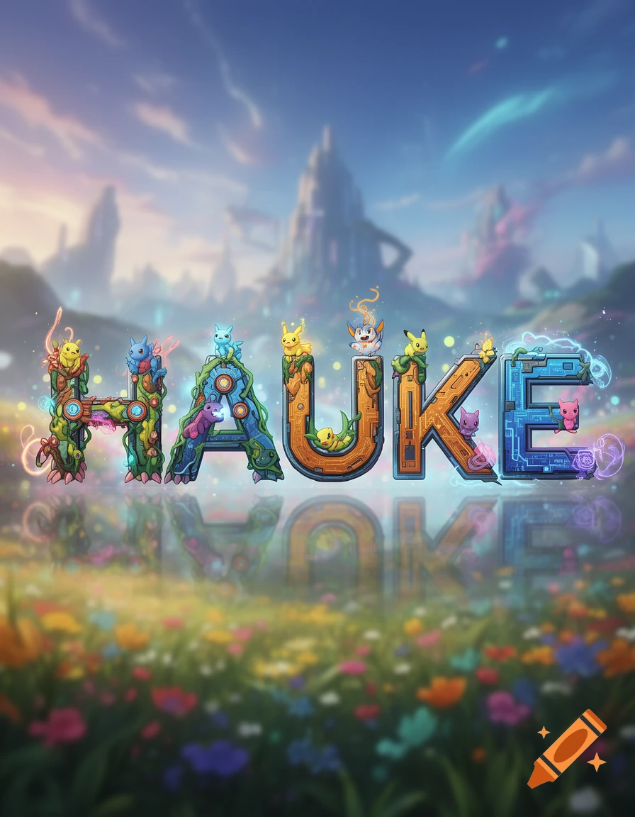Stylized letters spelling 'HAUKE', adorned with colorful Pokemon and Digimon characters, set against a blurred fantasy landscape with wildflowers.