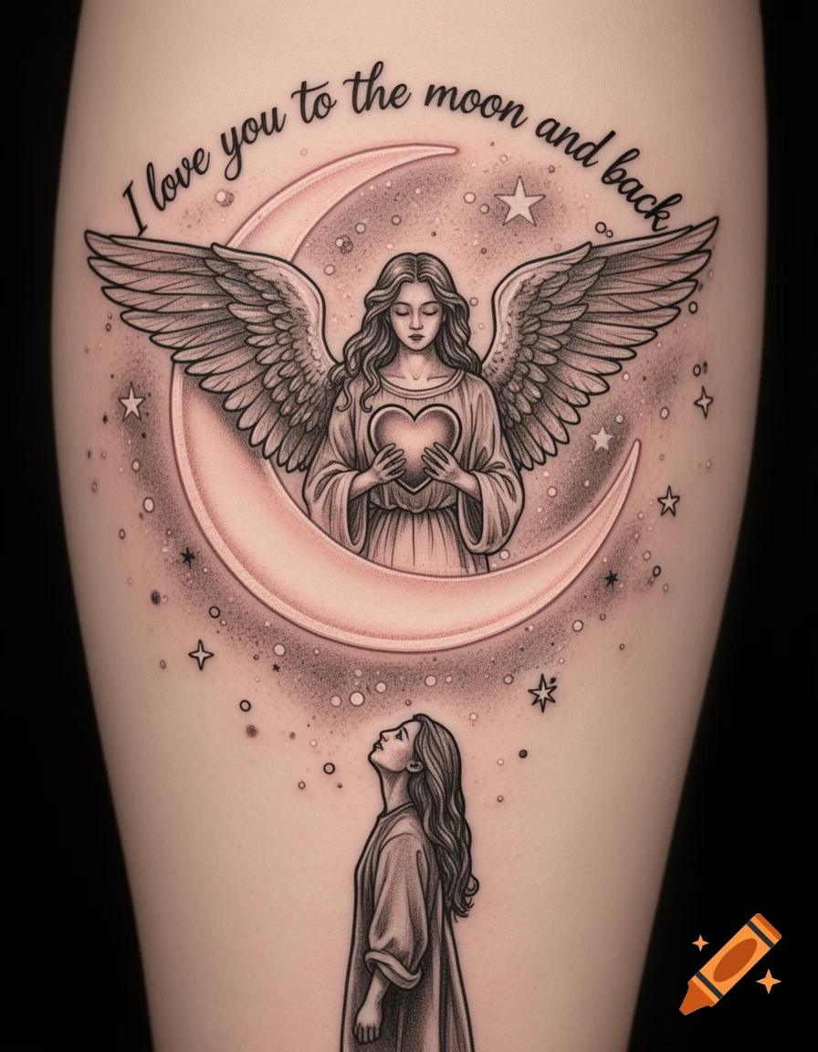 Detailed tattoo design of an angel on a crescent moon, a person looking up, stars, and 'I love you to the moon and back' text.