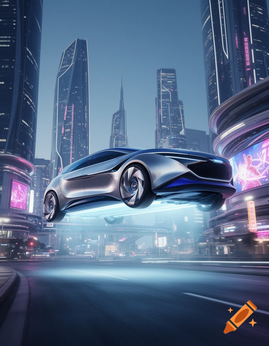 A sleek, silver and blue futuristic flying car hovers above a street in a neon-lit metropolis at dusk.