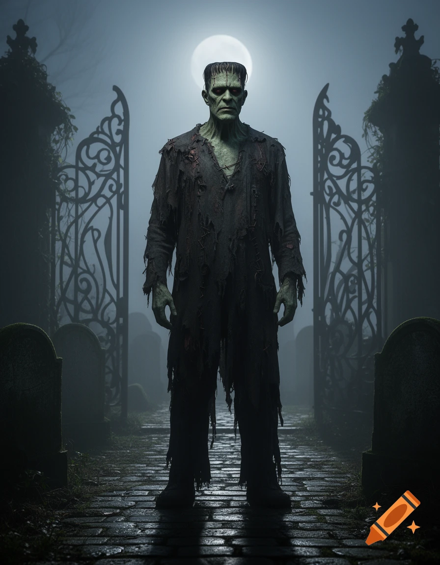 Frankenstein's monster stands in a foggy, moonlit graveyard with ornate gates, wearing tattered clothes.