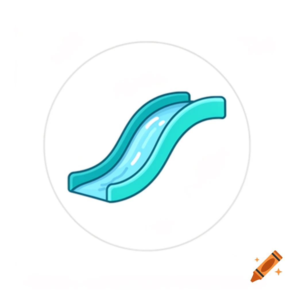 A simple blue and green cartoon water slide icon on a white background, within a light gray circle.
