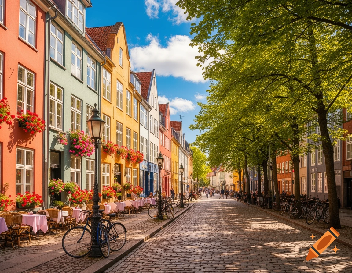 A charming, sunlit cobblestone street lined with colorful historic buildings, outdoor cafes, and lush green trees in summer.