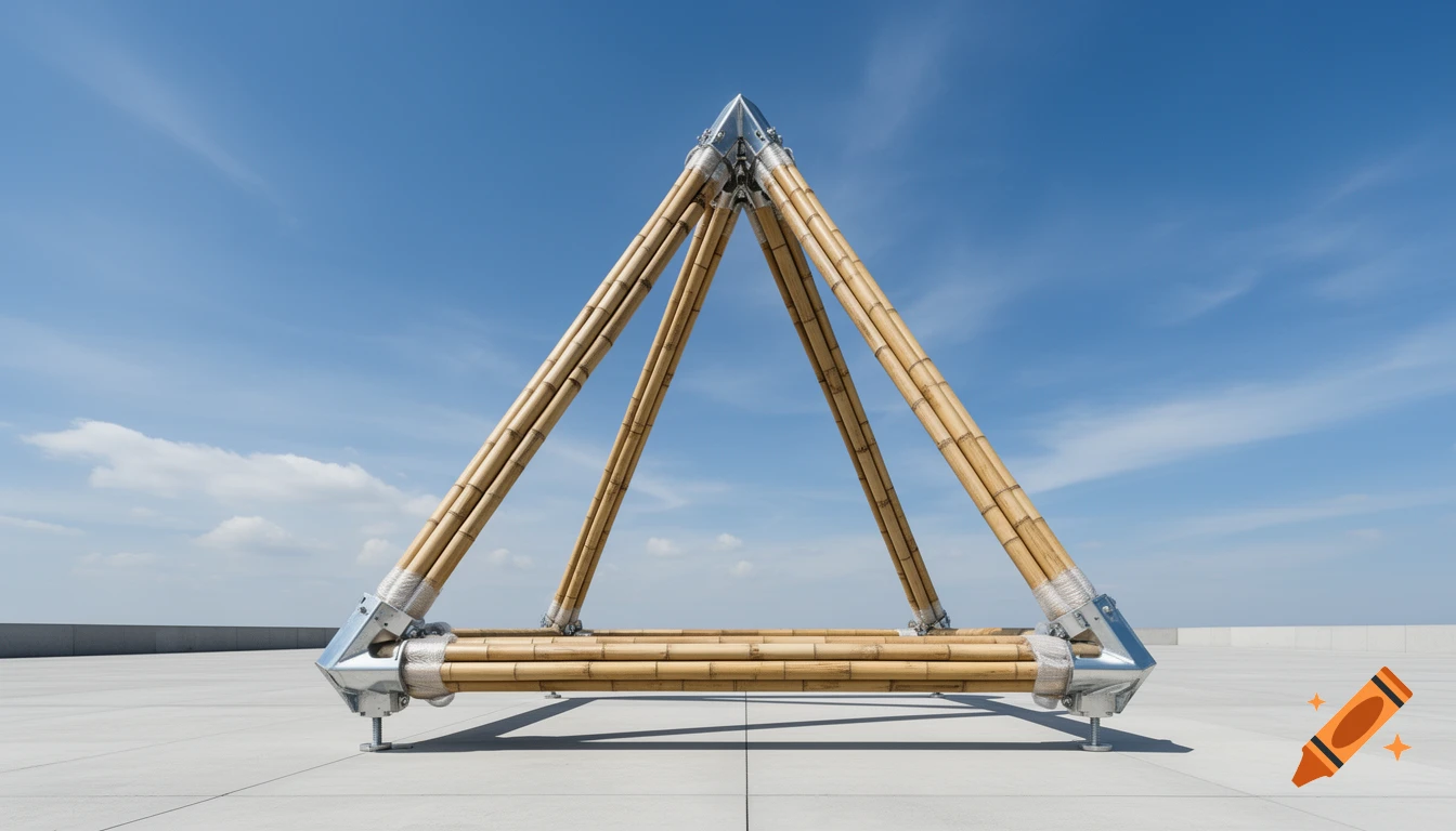 A large geometric octahedron structure made of bamboo poles and steel brackets on a concrete plaza under a blue sky.