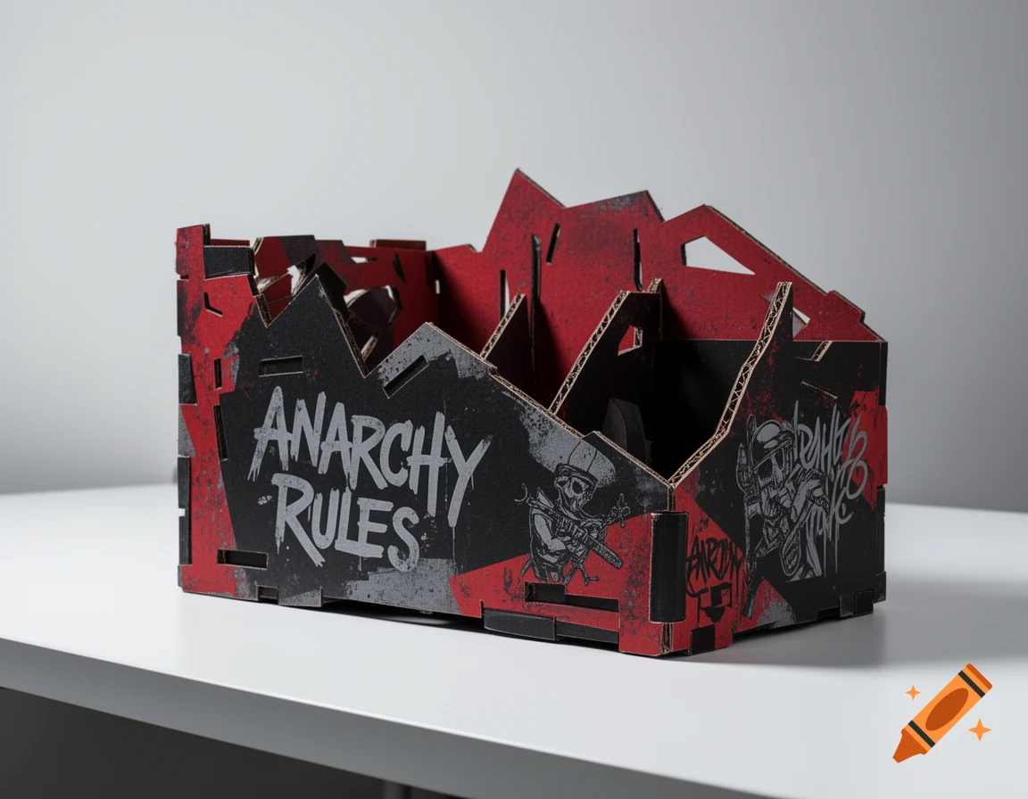 A punk-style cardboard desk organizer, red and black with 'Anarchy Rules' text and skeleton graphics, sits on a white table.