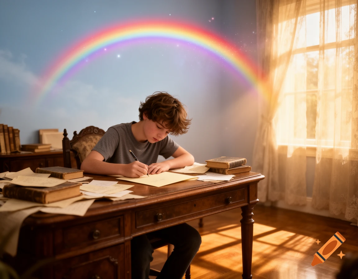 A young boy with brown curly hair writes at a wooden desk filled with papers and books, with a magical rainbow arching in the background.