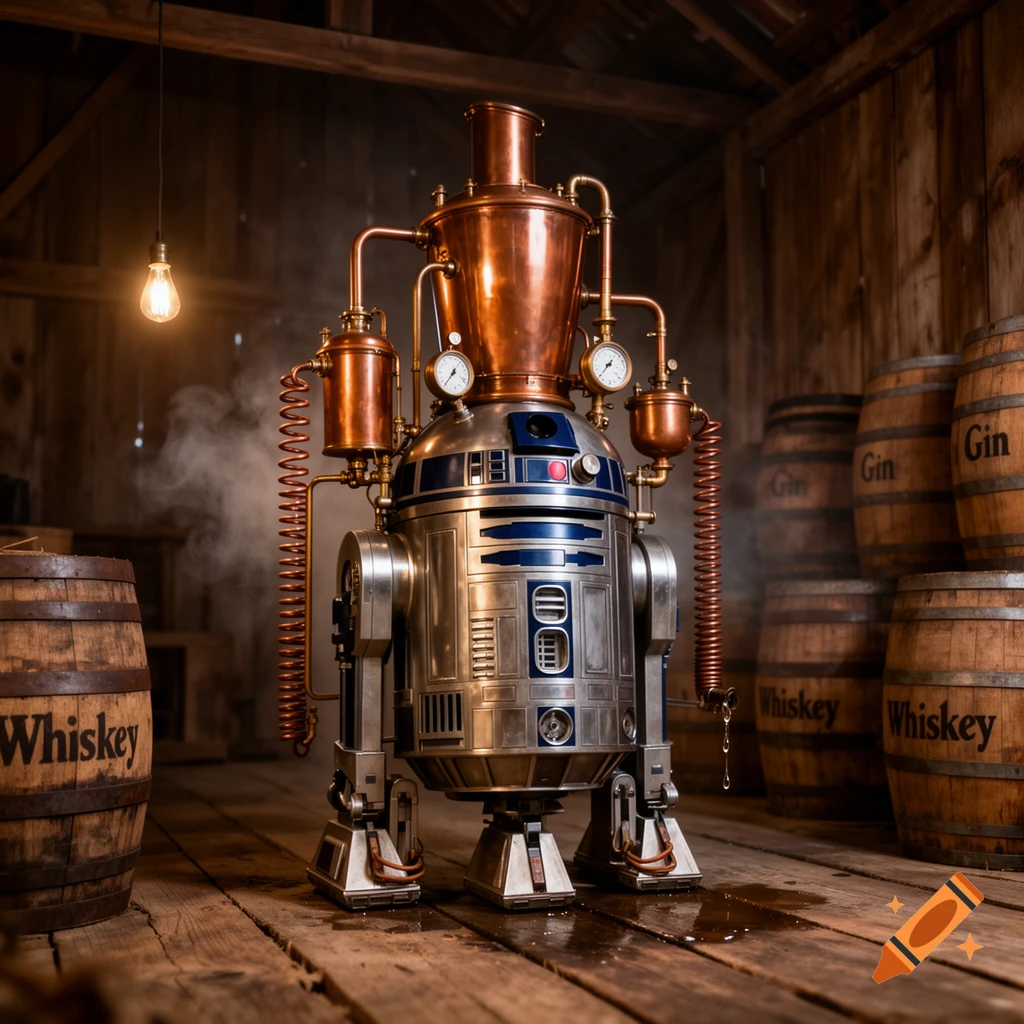 Photorealistic R2D2 robot converted into a copper moonshining distillery, set inside a rustic wooden barn with whiskey and gin barrels.