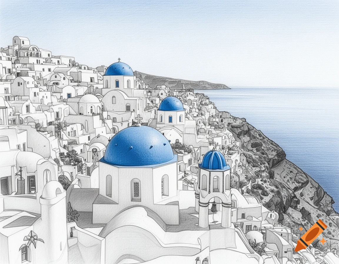 Pencil sketch of white houses with blue domes on a cliffside overlooking the ocean in Santorini, Greece.