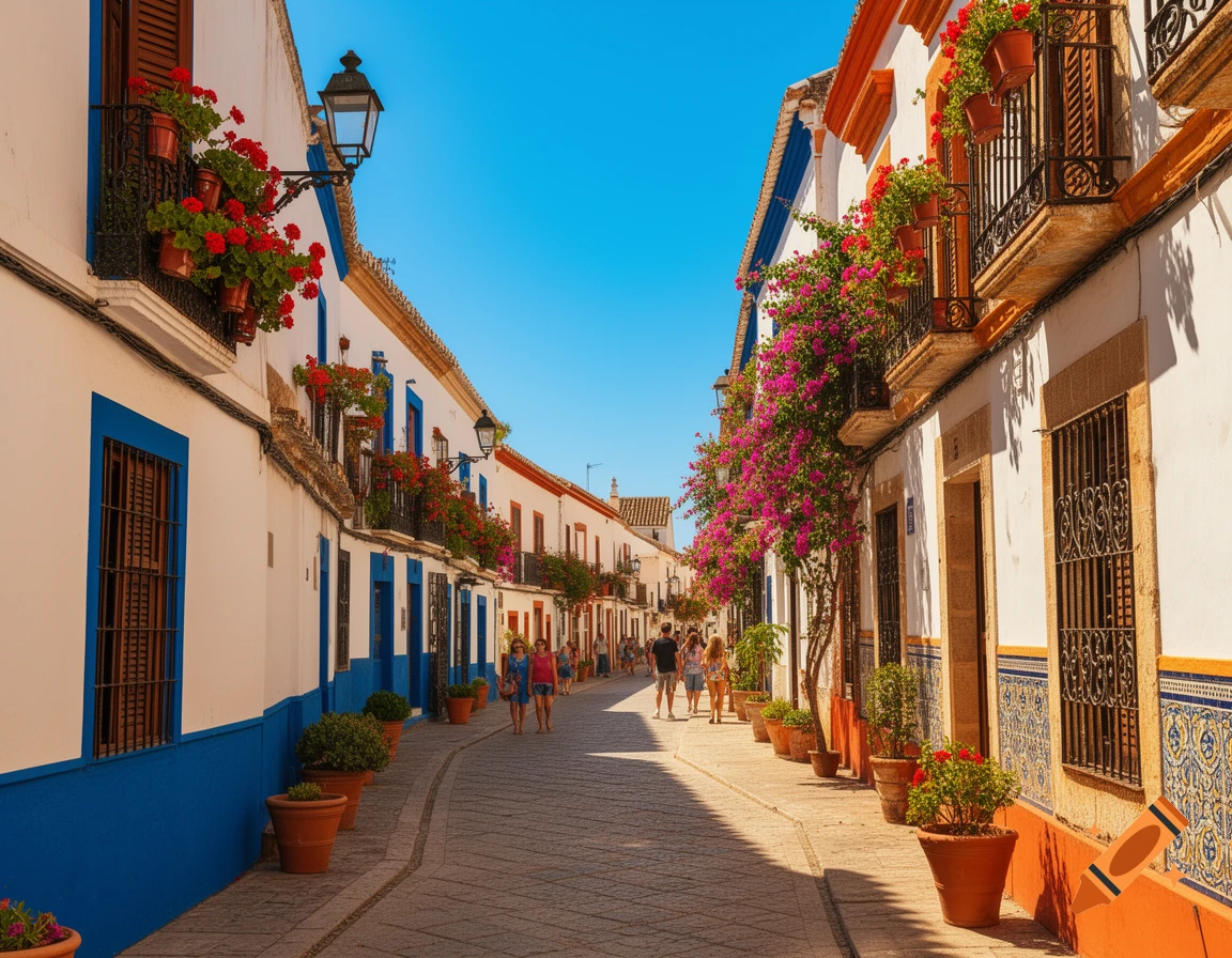 Photorealistic charming street in Cordoba, Spain, with white buildings, blue accents, and colorful flowers, under a clear sky.