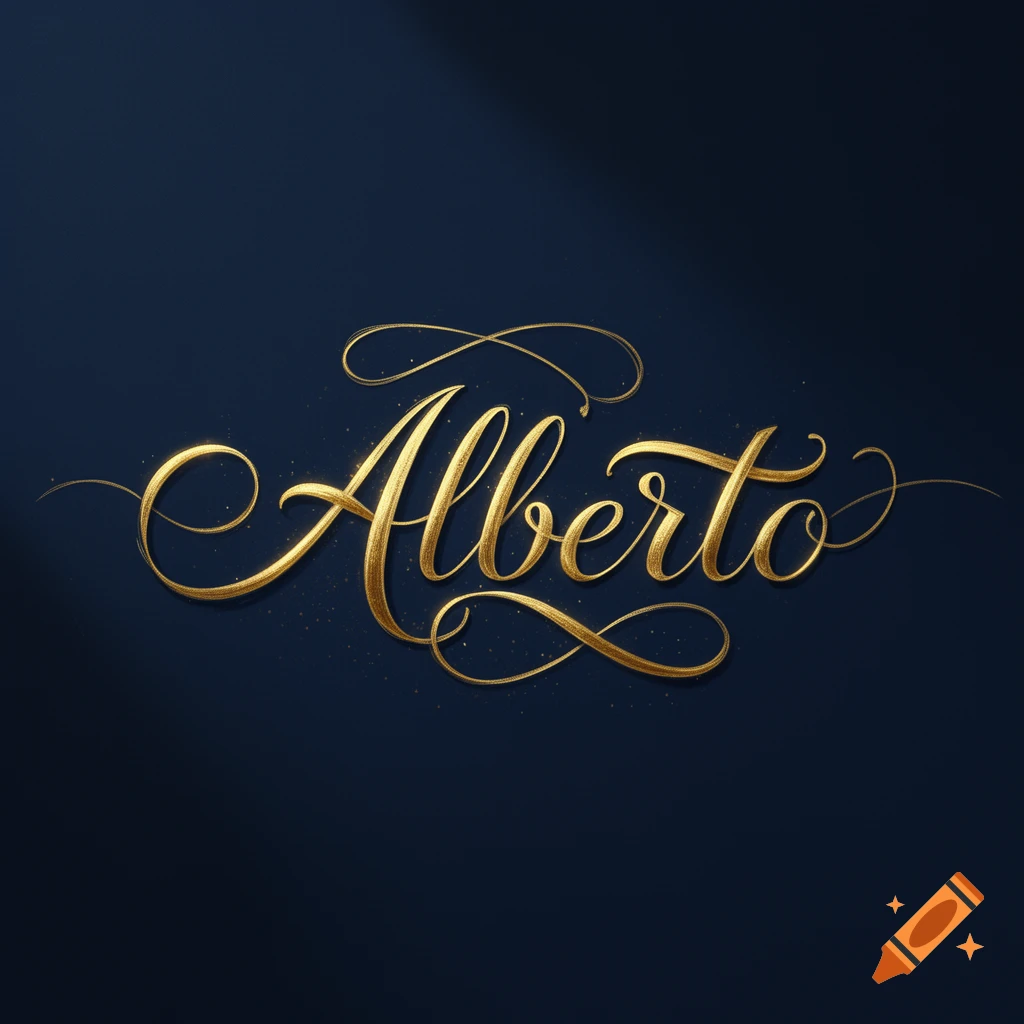 The name 'Alberto' in elegant gold calligraphy with sparkling details on a dark blue background.