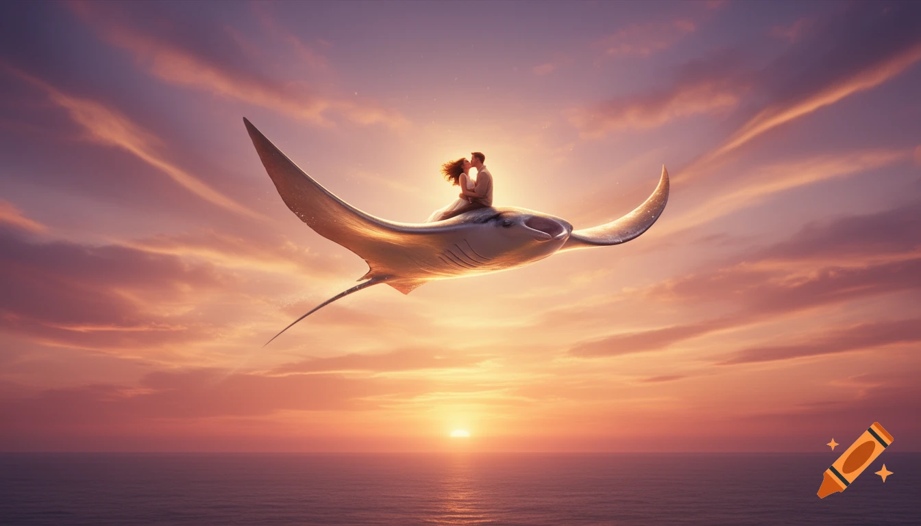 A couple embraces on a flying manta ray above the ocean during a vibrant sunset, fantasy art.