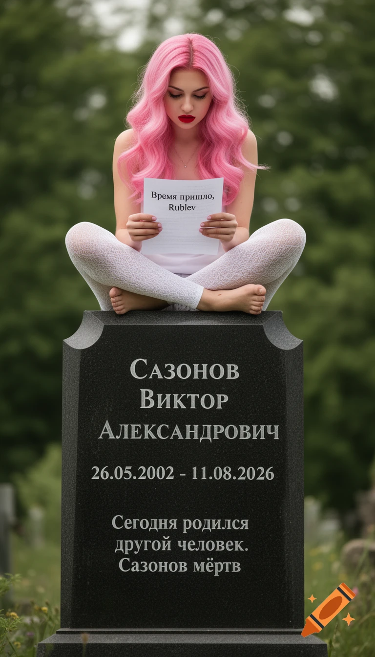 A pink-haired woman with red lipstick sits cross-legged on a black gravestone, reading a paper with Russian text.
