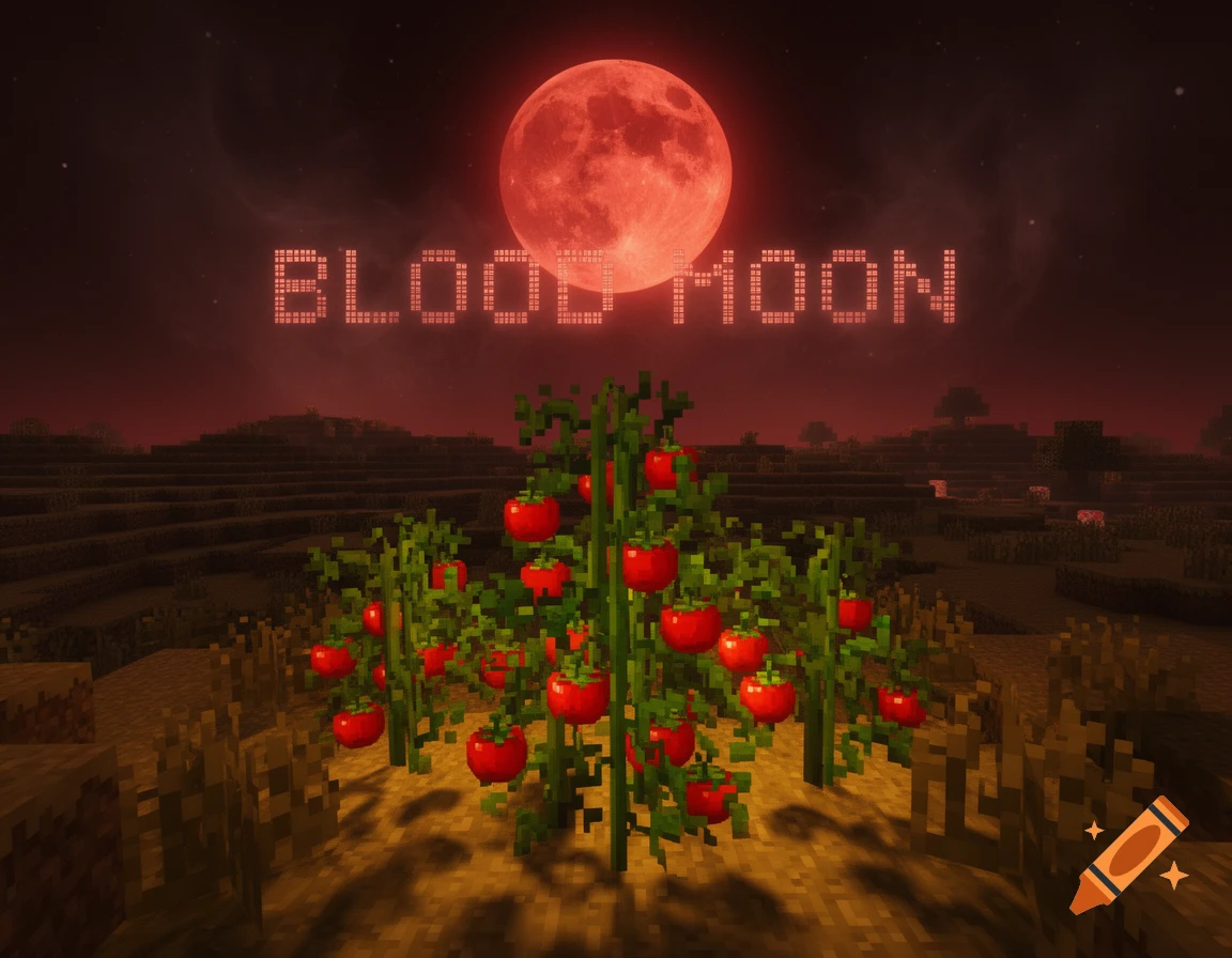 Minecraft scene with a large red blood moon above pixelated tomato plants and fields, with the words "BLOOD MOON" in the sky.