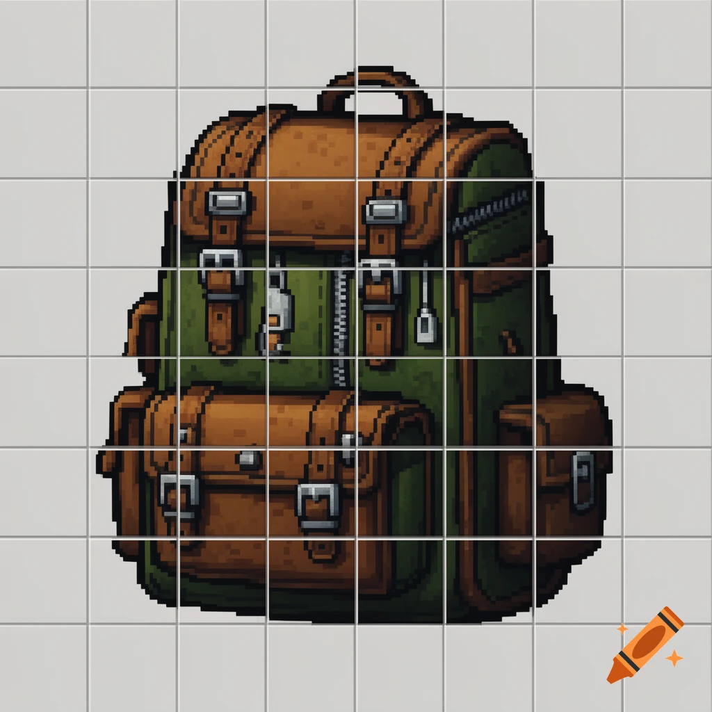 A pixel art style green and brown backpack with leather straps and silver buckles.