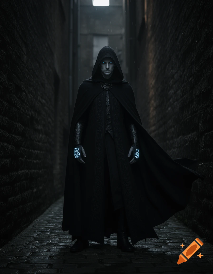 A dark, cloaked figure with glowing blue eyes and runes on their hands stands in a dim, wet alleyway.