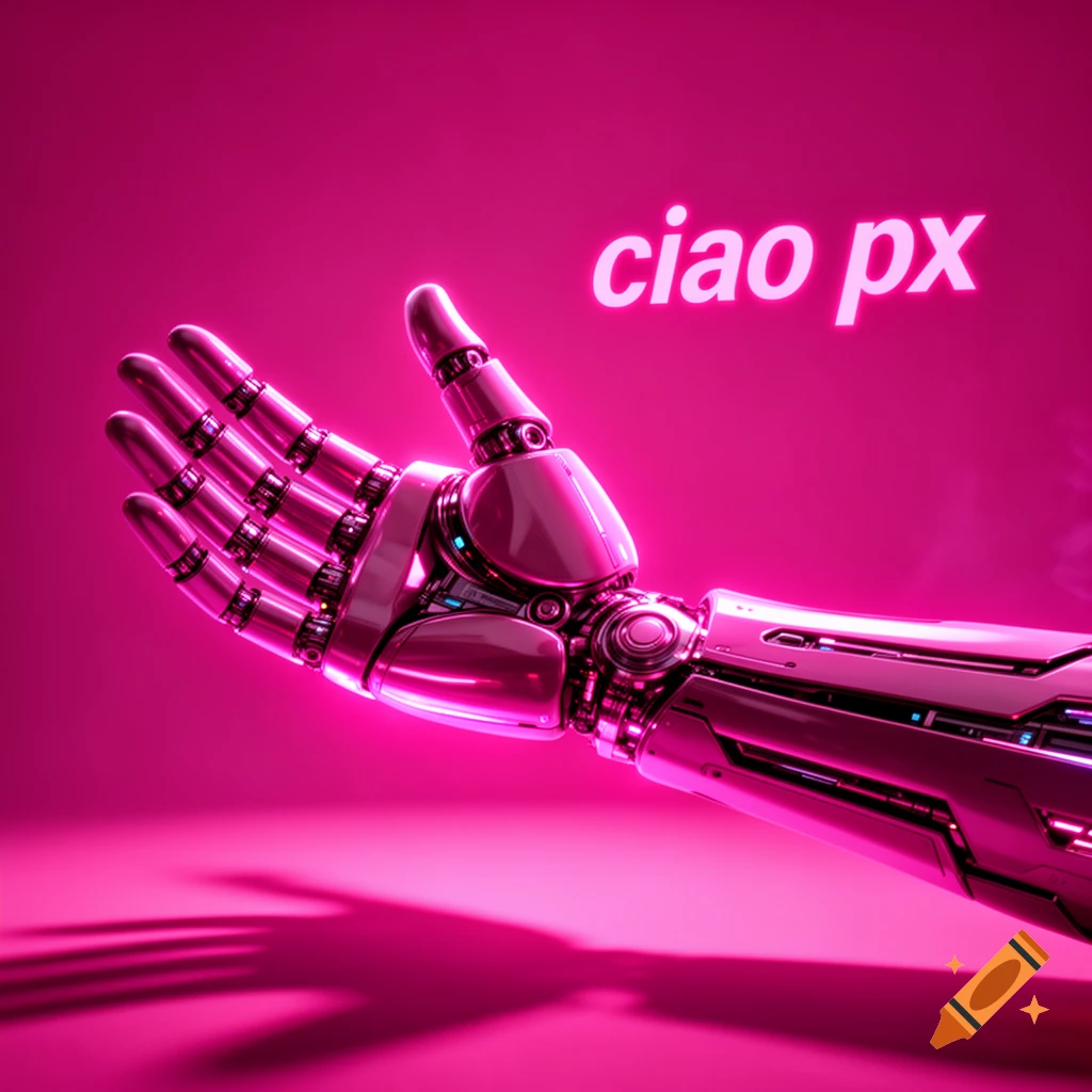 A sleek, metallic pink robotic arm extends, with glowing neon text 'ciao px' against a bright pink background.