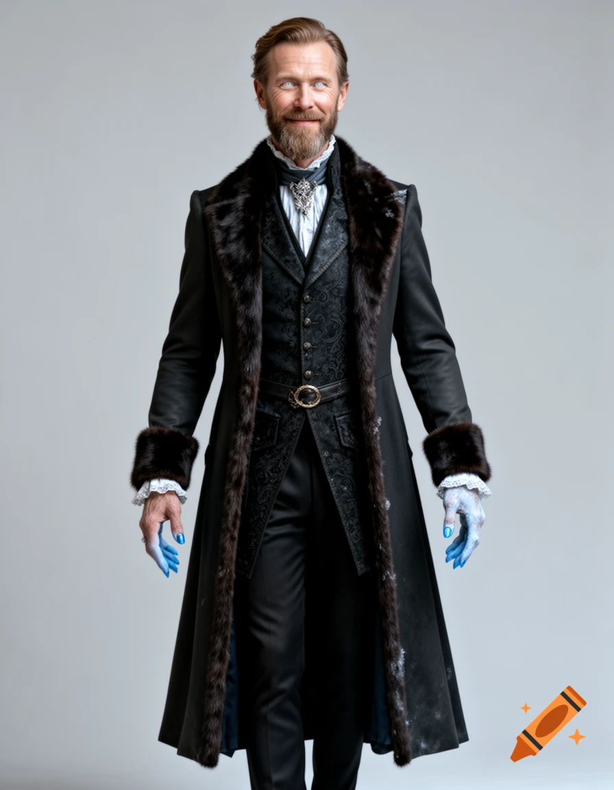 A smiling, bearded man with pale eyes and blue fingers wears a long black fur-trimmed coat and patterned waistcoat in a full-body portrait.