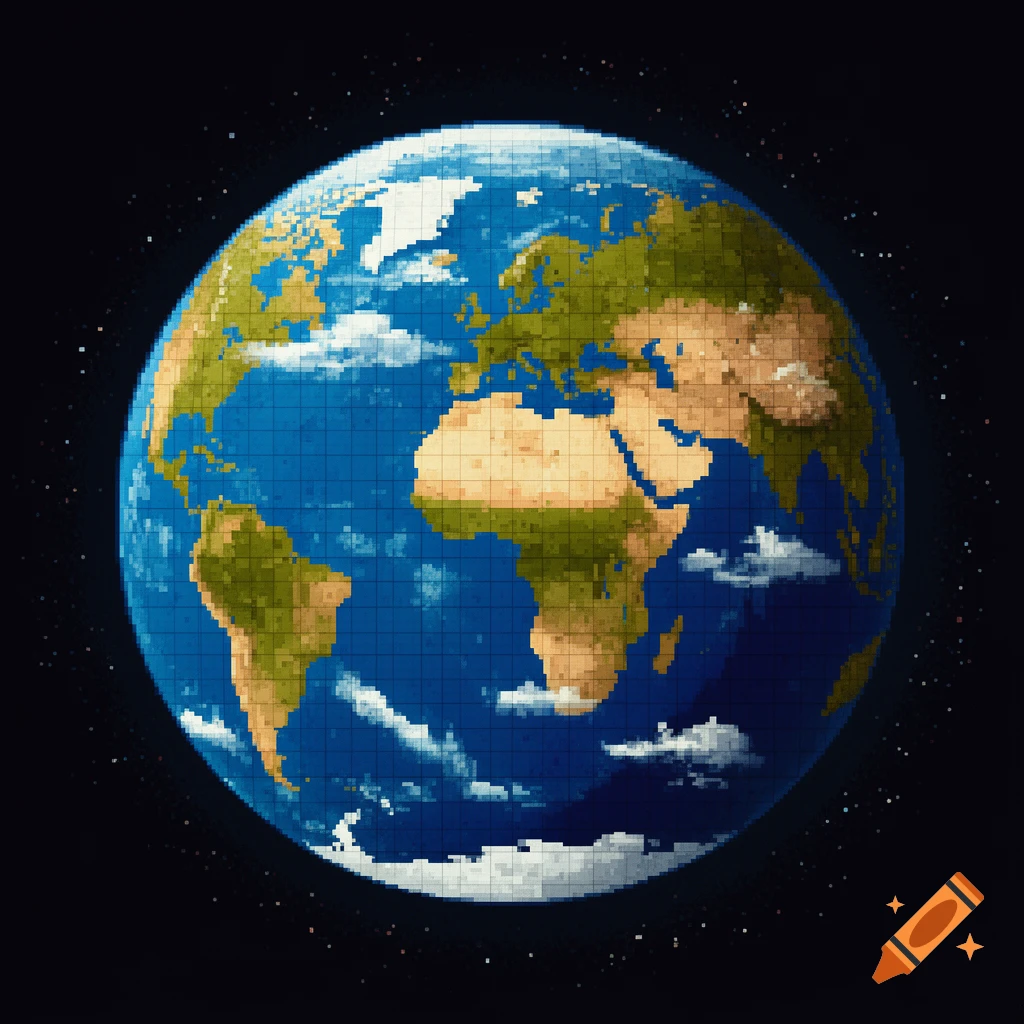 Pixel art illustration of Earth from space, showing continents, oceans, and clouds against a starry black background.
