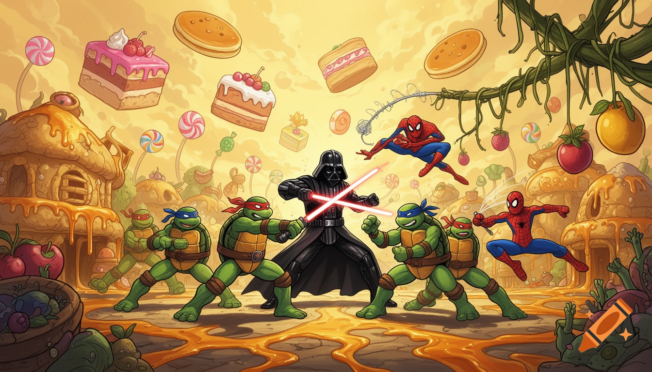 Comic art of Ninja Turtles battling Darth Vader and Spider-Man in a vibrant candy-land, with cakes and lollipops floating in a golden sky.
