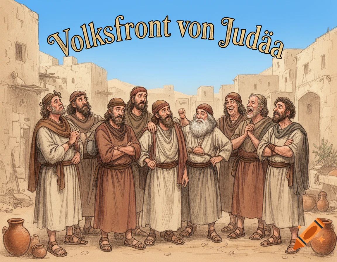 An illustration of the 'Volksfront von Jud 00e4a' (People's Front of Judea) from Life of Brian, depicting several men in ancient robes within a desert village.