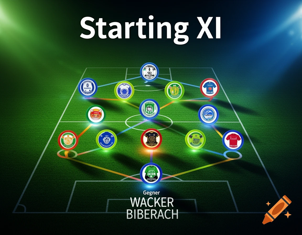 A stylized soccer field diagram showing a starting lineup with eleven glowing player tokens and lines connecting them. Text at the top says "Starting XI" and "Gegner WACKER BIBERACH" at the bottom.