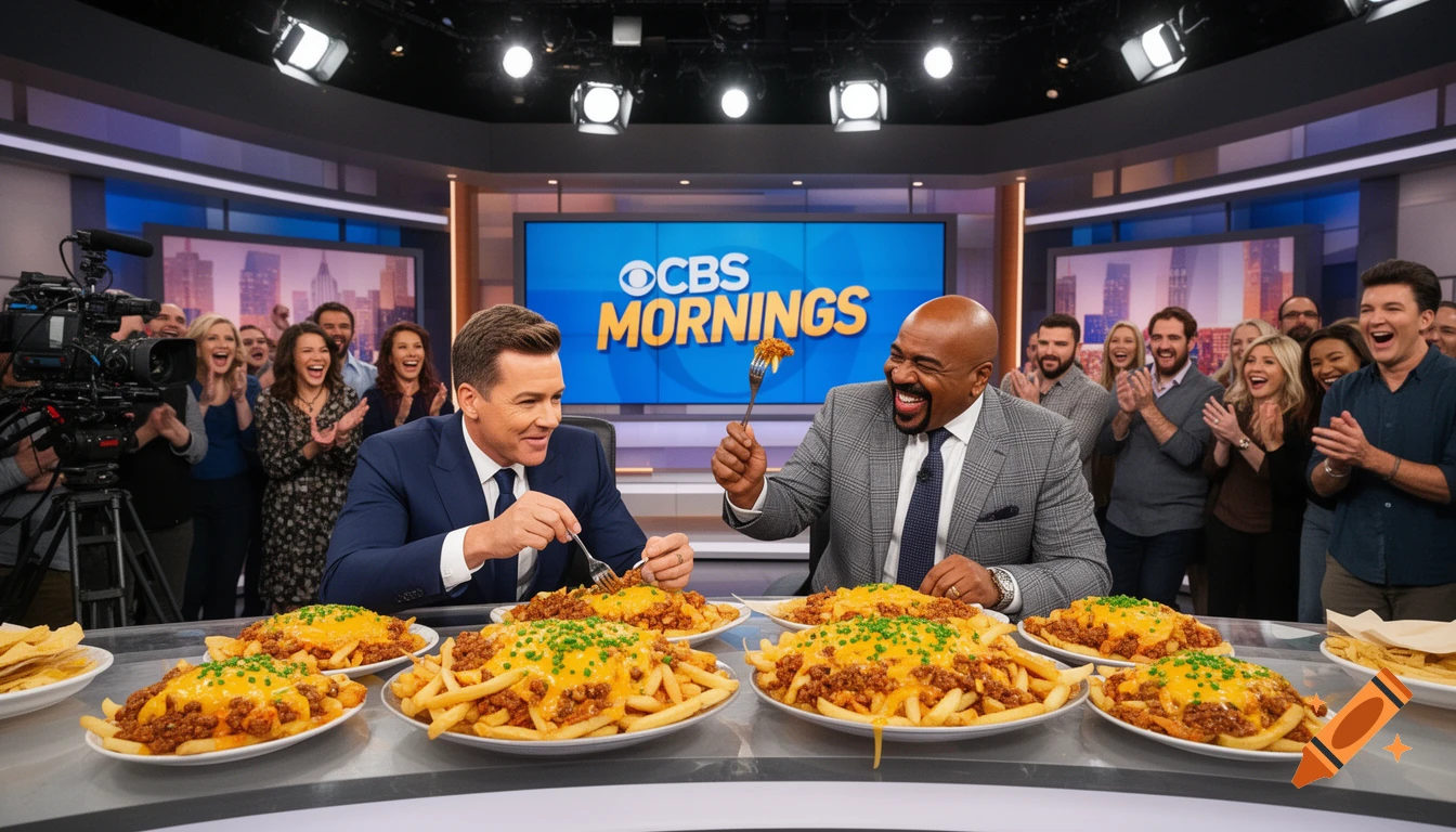 Ryan Seacrest and Steve Harvey laughing and eating chili cheese fries on the set of CBS Mornings, with an audience clapping.