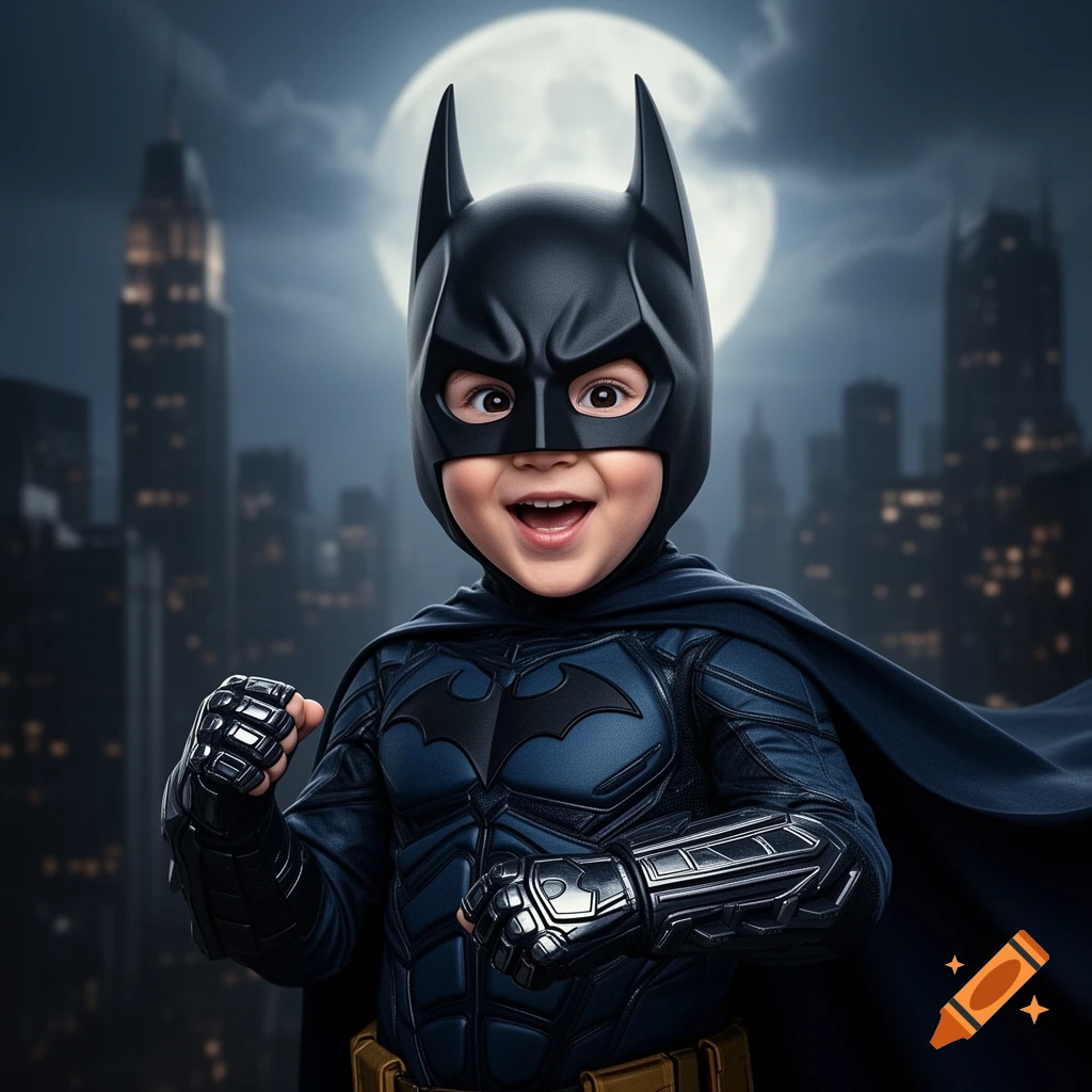 A young child in a detailed Batman suit and cowl smiles against a dark city skyline with a full moon, in a photorealistic style.