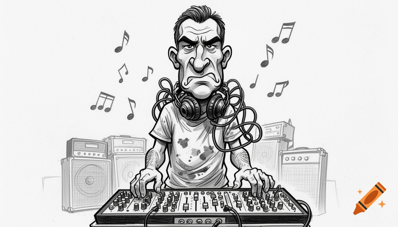 Black and white caricature of a grumpy sound technician with headphones around his neck, standing at a mixing board with speakers and musical notes in the background.