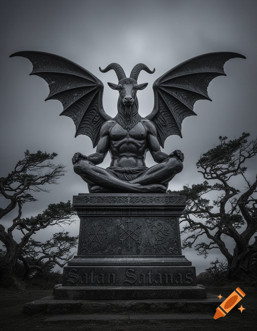 A dark monochrome statue of Baphomet with a goat's head, bat wings, and 'Satan Satanas' carved on its base, set outdoors with gnarled trees.