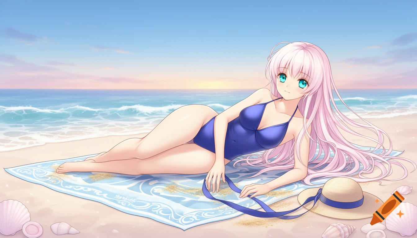 Anime girl with long pink hair and blue eyes, wearing a blue swimsuit, relaxing on a towel on a sandy beach at sunset.