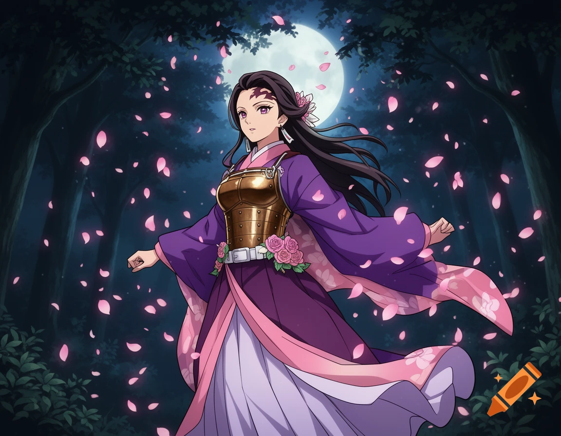 Anime character in a purple and pink kimono with bronze armor in a dark forest under a full moon with falling pink petals.